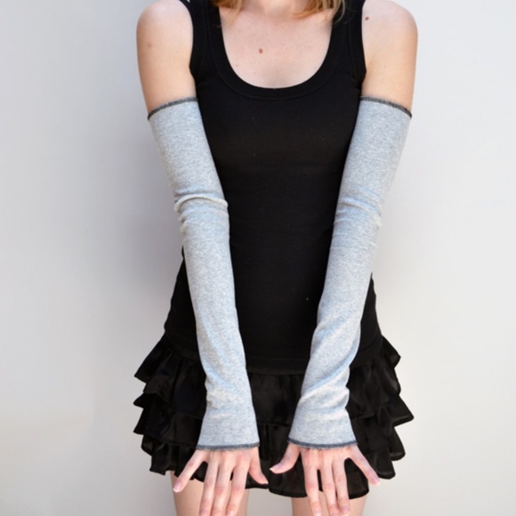 Long Cotton Arm Warmers Gray Armwarmers Grey Sleeves Warm Fingerless Gloves Goth - Picture 2 of 3